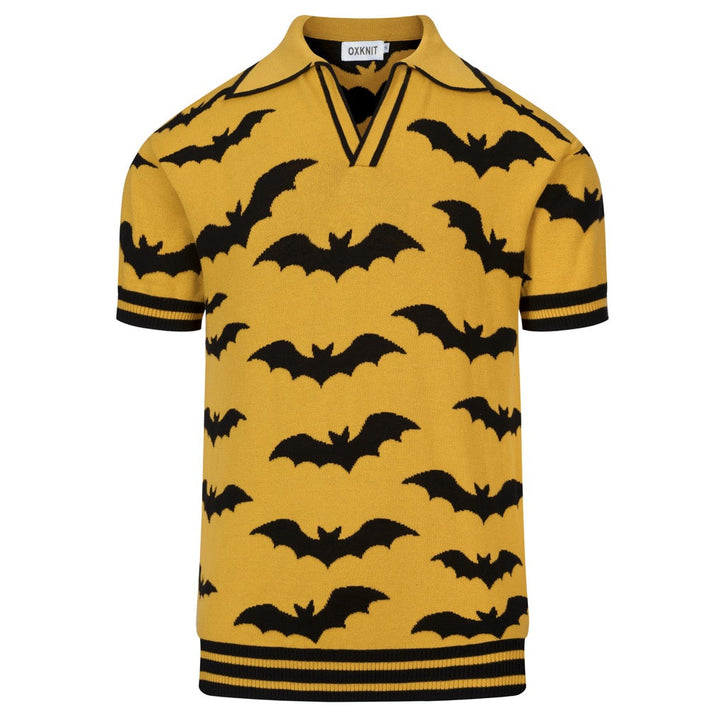 Heren Gele Retro Minimalistische Batwing Jacquard Polo Gebreide Shirt
