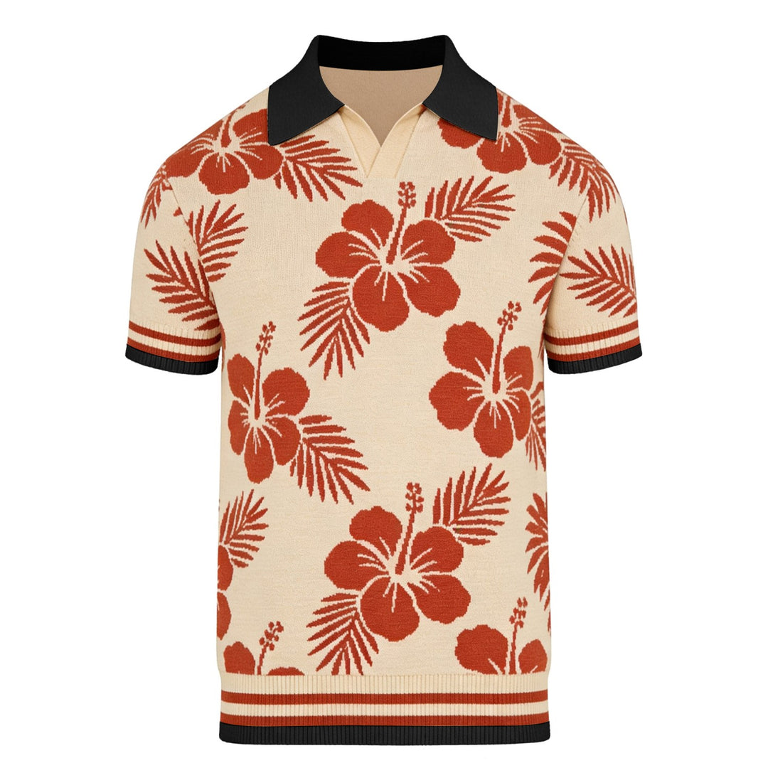 Heren Khaki Vintage Gebloemd Jacquard Polo Gebreid Shirt