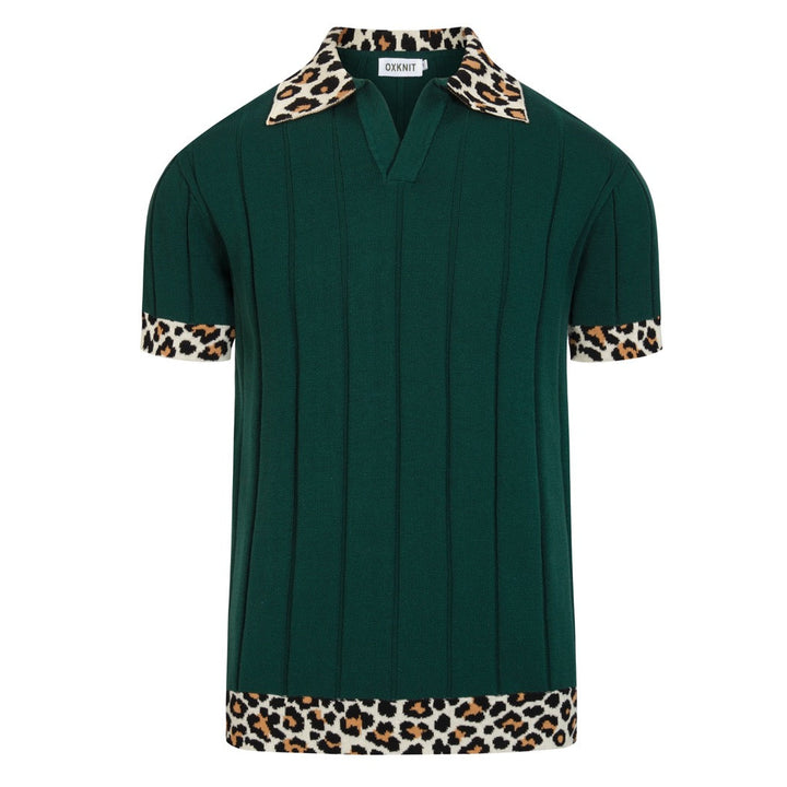 Men's Green Vintage Leopard Print Jacquard Polo Knit Shirt