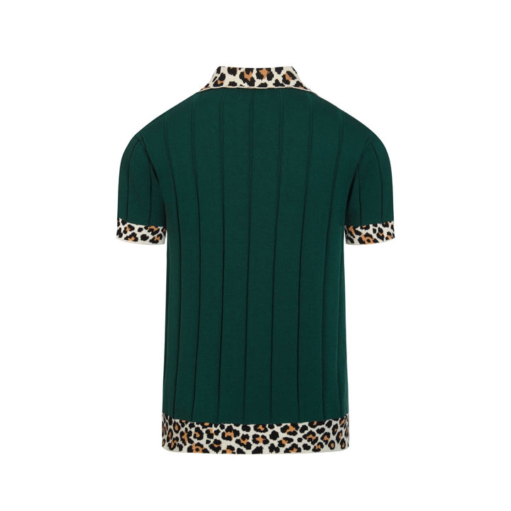 Men's Green Vintage Leopard Print Jacquard Polo Knit Shirt