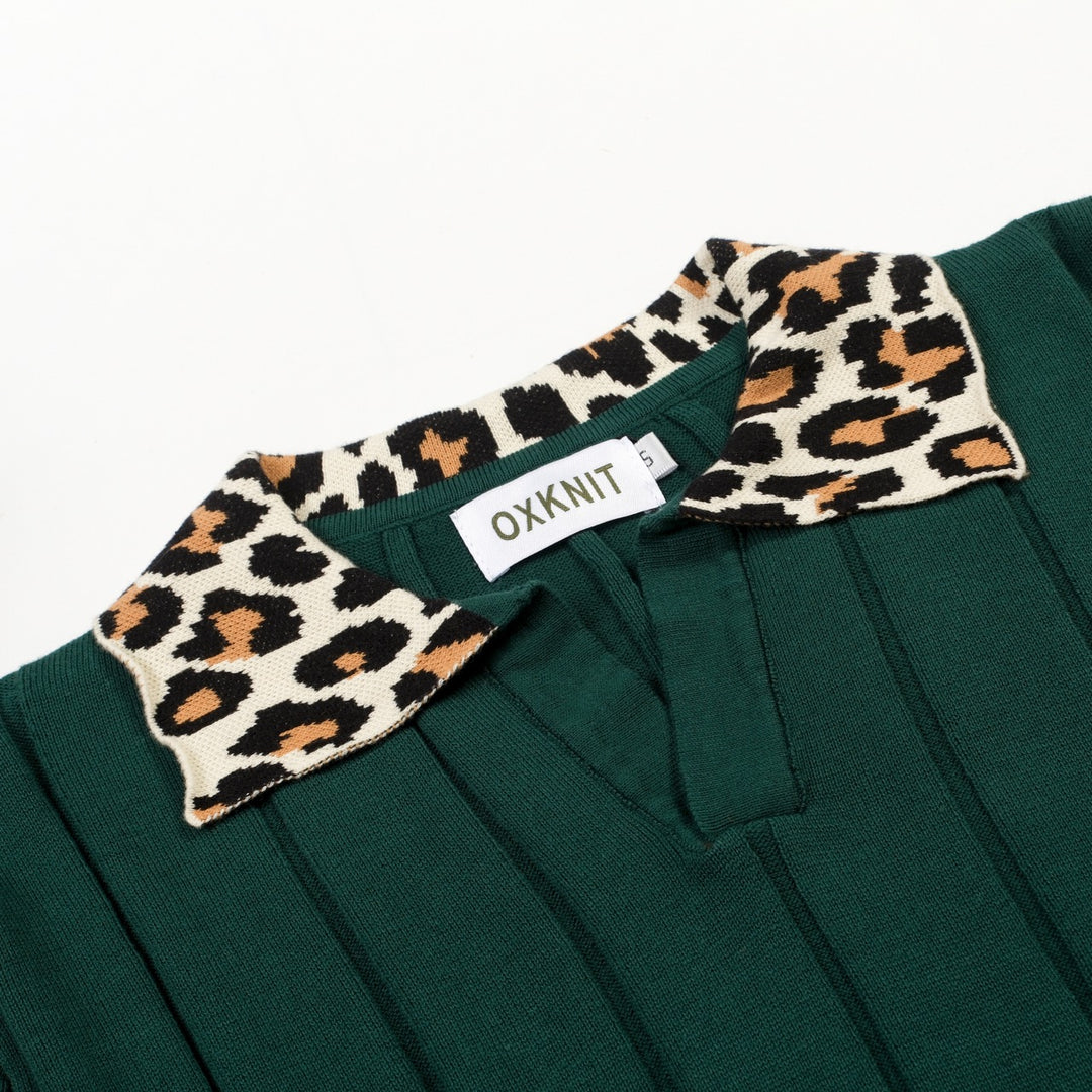 Men's Green Vintage Leopard Print Jacquard Polo Knit Shirt