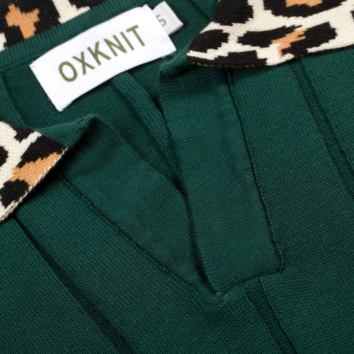 Men's Green Vintage Leopard Print Jacquard Polo Knit Shirt