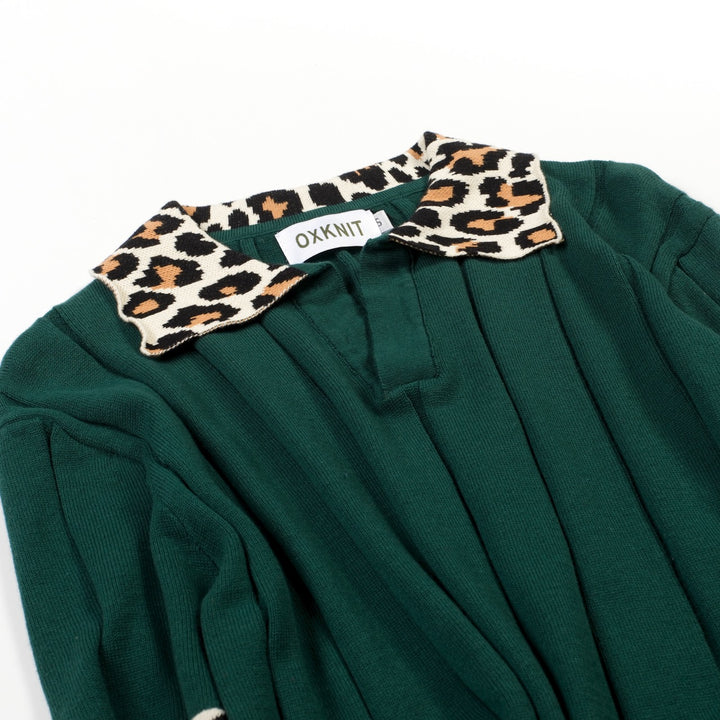 Men's Green Vintage Leopard Print Jacquard Polo Knit Shirt