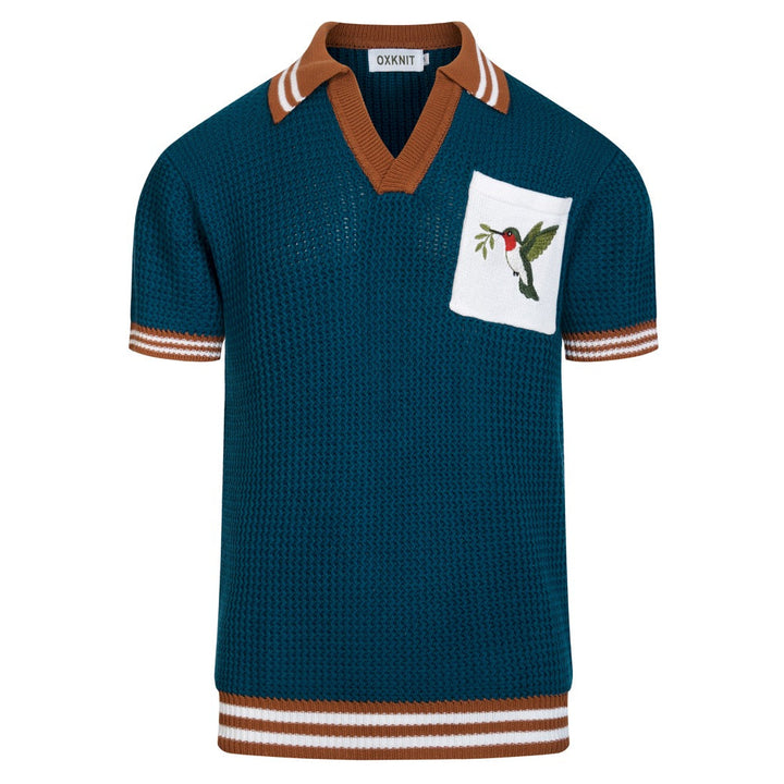 Men's Blue Vintage Hummingbird Embroidery Art Polo Knit Shirt