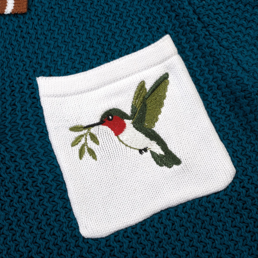 Men's Blue Vintage Hummingbird Embroidery Art Polo Knit Shirt