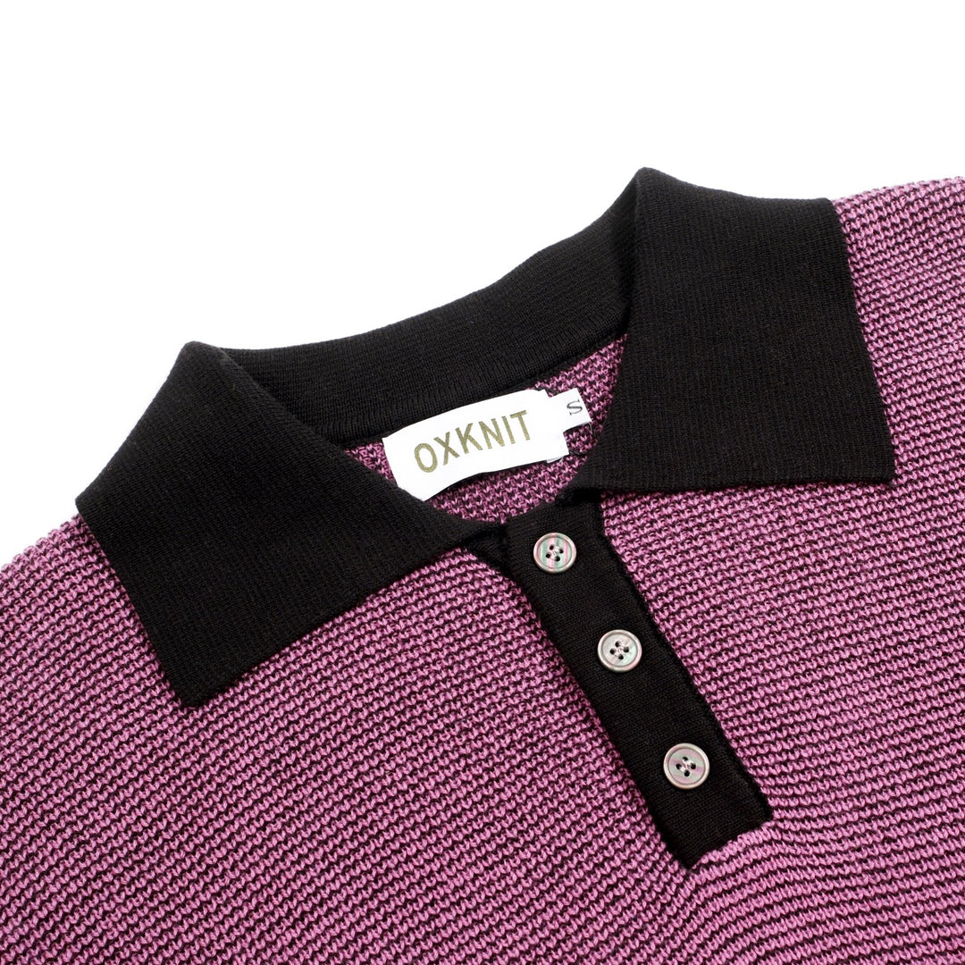 Heren Paars Retro Geruit Jacquard Polo Gebreid Shirt