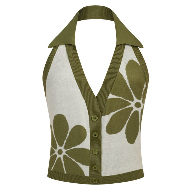 Dame Grøn Vintage Blomstret Halterneck Strikvest