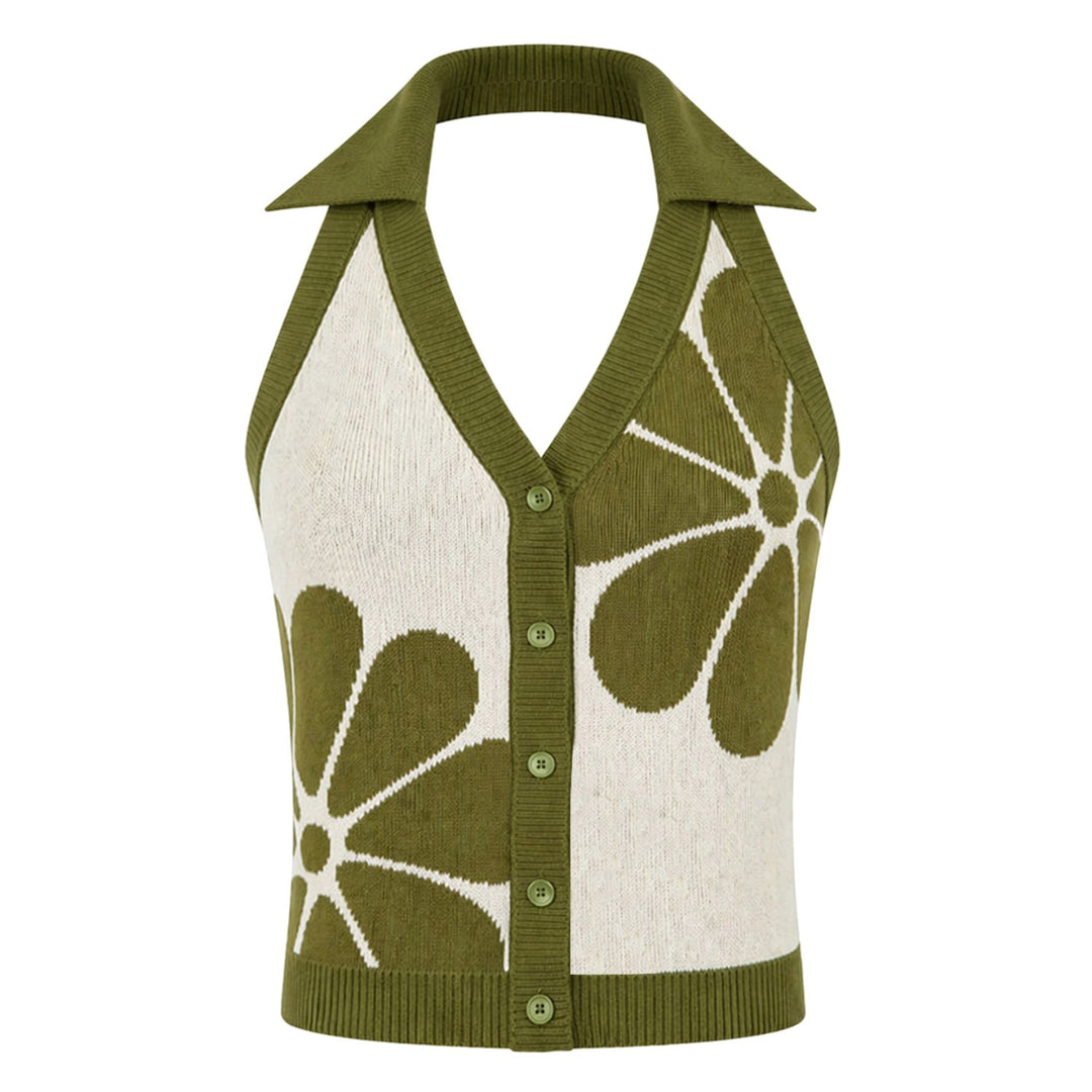 Groen Vintage Gebloemd Halter Gebreid Vest voor Dames