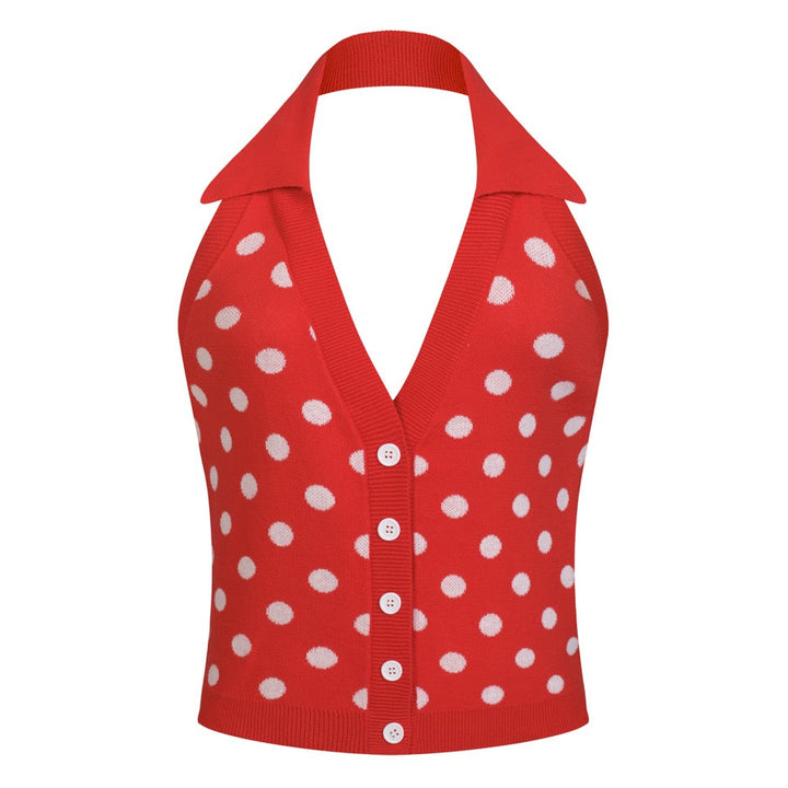 Women's Red Retro Polka Dot Style Halter Knit Vest