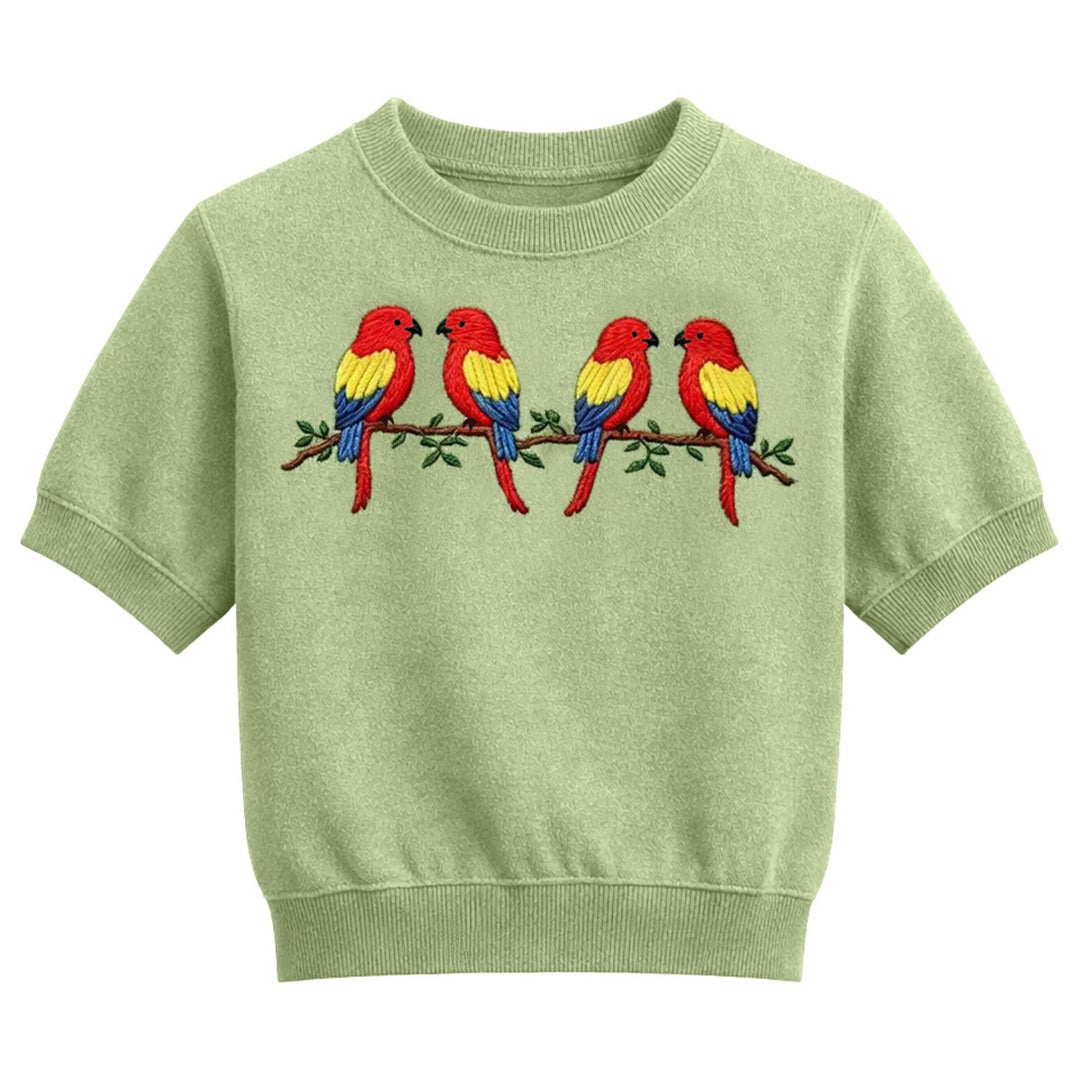 Dames Groene Vintage Geborduurde Vogel Gebreide T-shirt - Korte Lengte