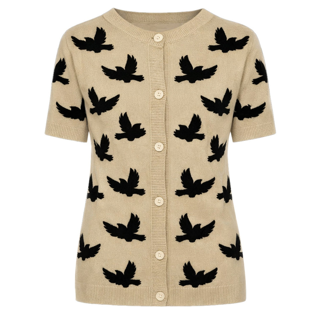 Dames Khaki Vintage Vogel Jacquard Gebreid Vest T-shirt