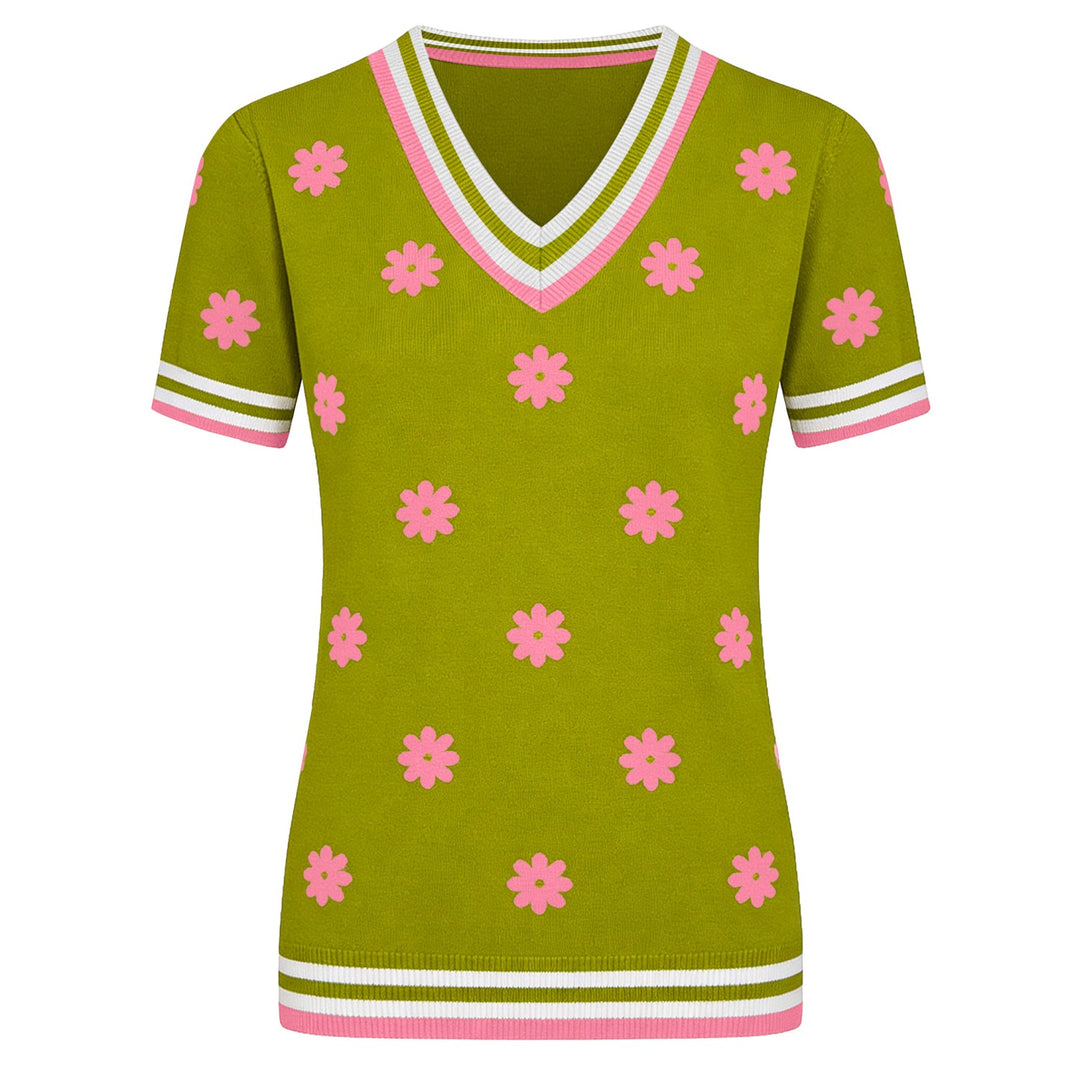 Dames grasgroene vintage bloemen jacquard gebreide T-shirt