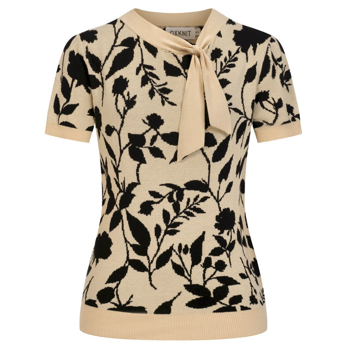 Women's Apricot Fashionable Botanical Classic Jacquard Knit T-Shirt