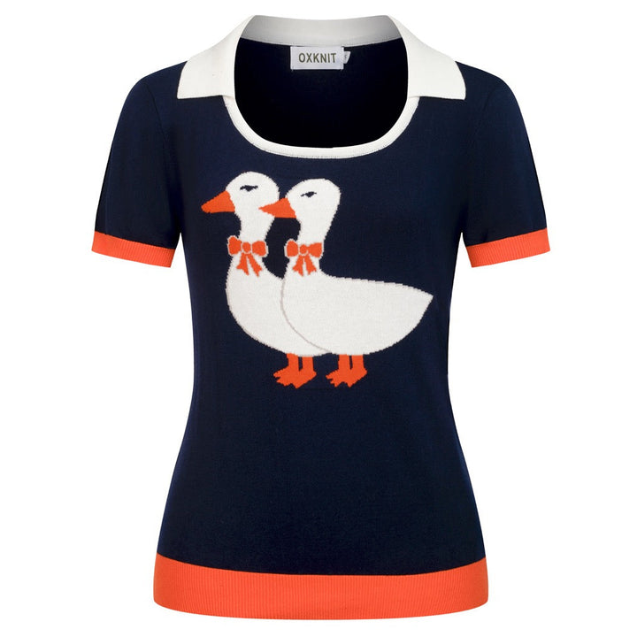 Women's Dark Blue Vintage Duck Jacquard Polo Knit T-shirt - Designed by Tala Hunt