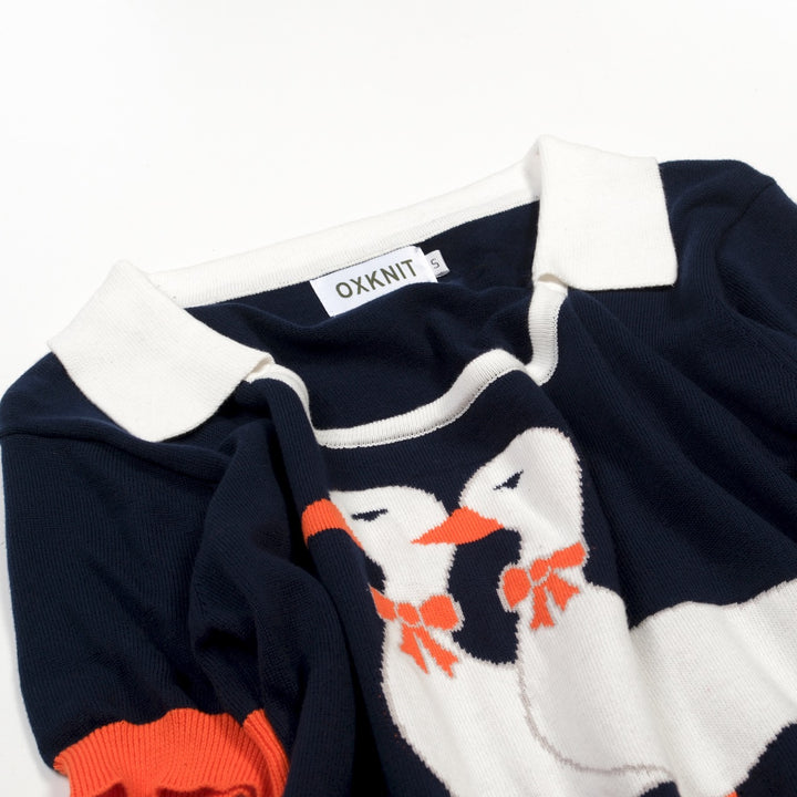 Women's Dark Blue Vintage Duck Jacquard Polo Knit T-shirt - Designed by Tala Hunt