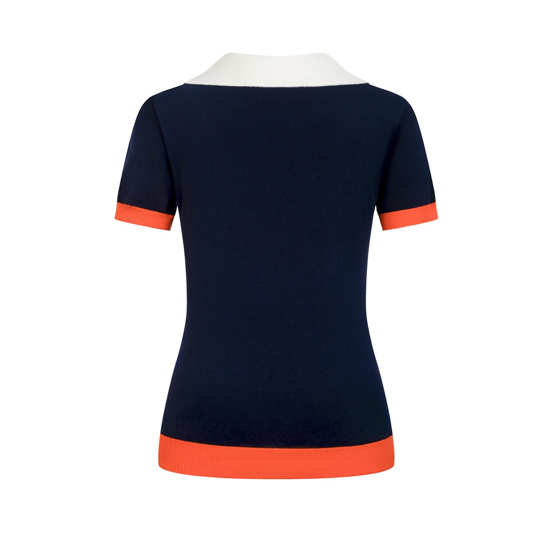 Women's Dark Blue Vintage Duck Jacquard Polo Knit T-shirt - Designed by Tala Hunt