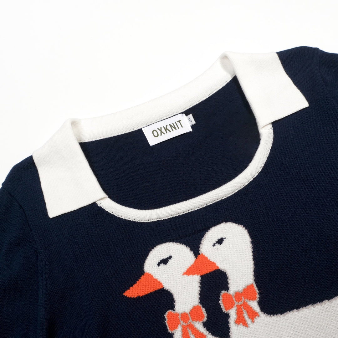 Women's Dark Blue Vintage Duck Jacquard Polo Knit T-shirt - Designed by Tala Hunt