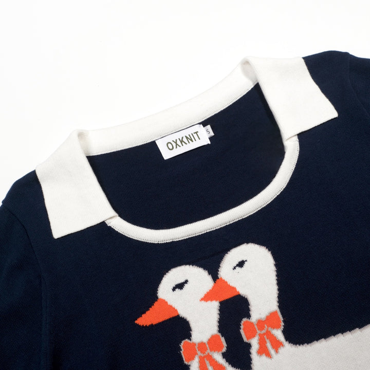 Women's Dark Blue Vintage Duck Jacquard Polo Knit T-shirt - Designed by Tala Hunt