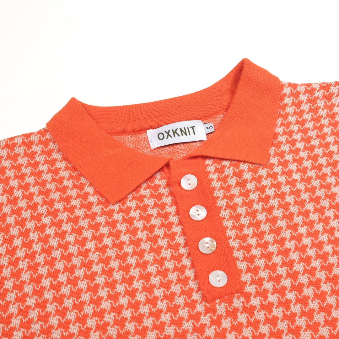 Polo de Malha Jacquard Clássico em Laranja com Padrão Pied-de-Poule para Homem