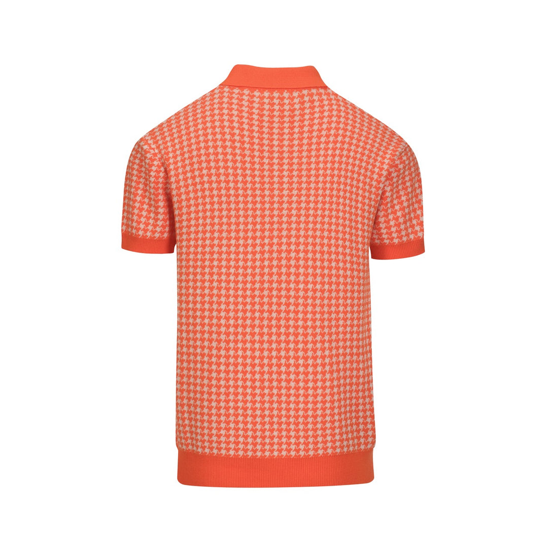 Polo de Malha Jacquard Clássico em Laranja com Padrão Pied-de-Poule para Homem