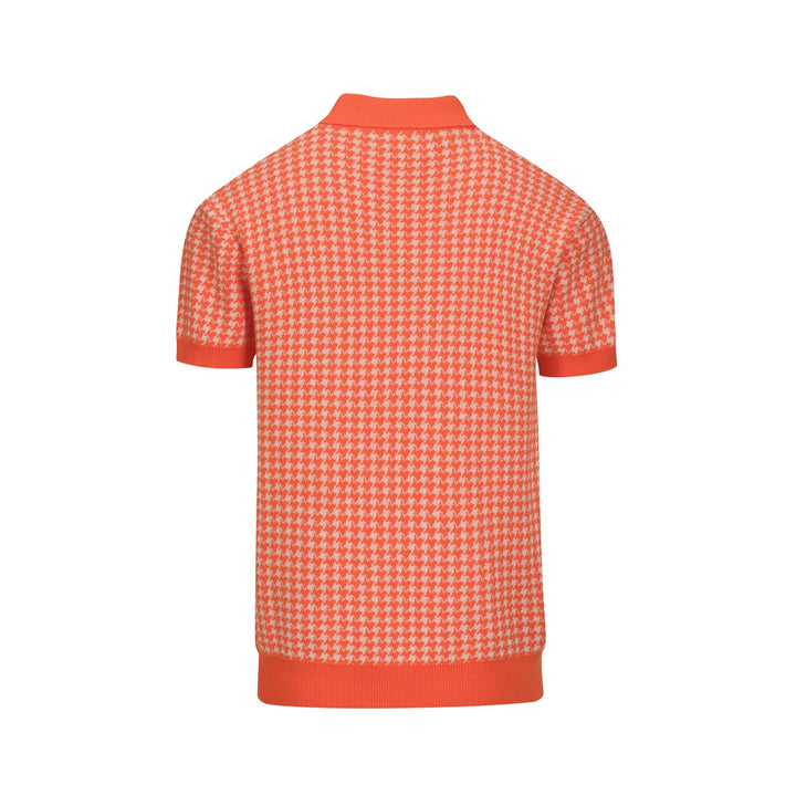 Polo de Malha Jacquard Clássico em Laranja com Padrão Pied-de-Poule para Homem