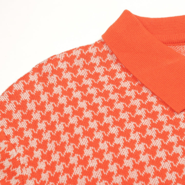 Polo de Malha Jacquard Clássico em Laranja com Padrão Pied-de-Poule para Homem