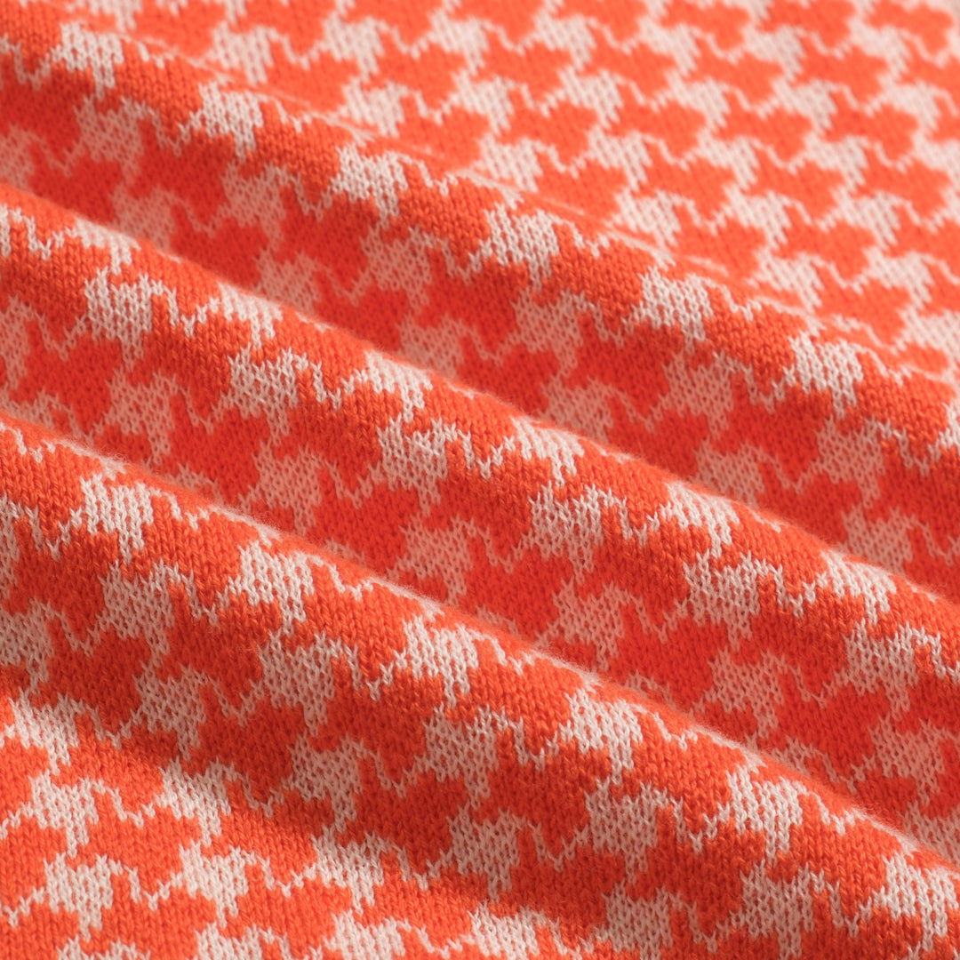 Polo de Malha Jacquard Clássico em Laranja com Padrão Pied-de-Poule para Homem