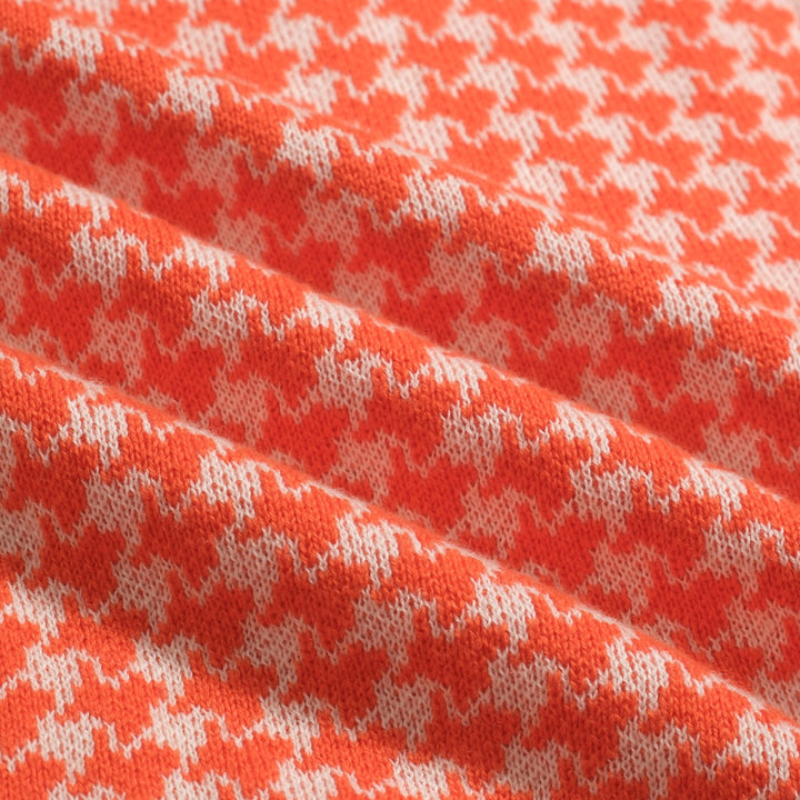 Polo de Malha Jacquard Clássico em Laranja com Padrão Pied-de-Poule para Homem