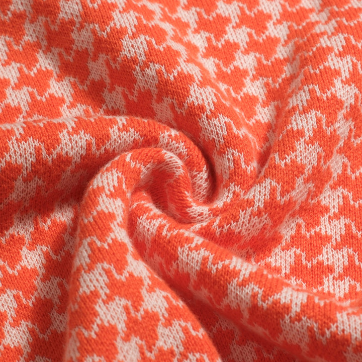 Polo de Malha Jacquard Clássico em Laranja com Padrão Pied-de-Poule para Homem