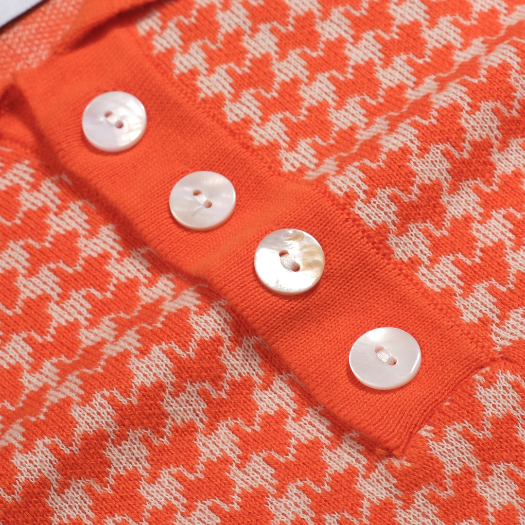 Polo de Malha Jacquard Clássico em Laranja com Padrão Pied-de-Poule para Homem