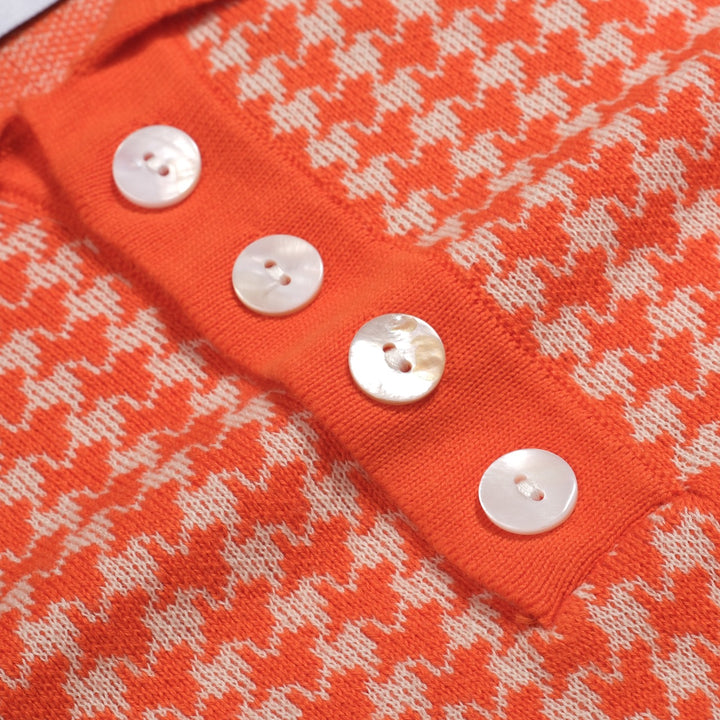 Polo de Malha Jacquard Clássico em Laranja com Padrão Pied-de-Poule para Homem