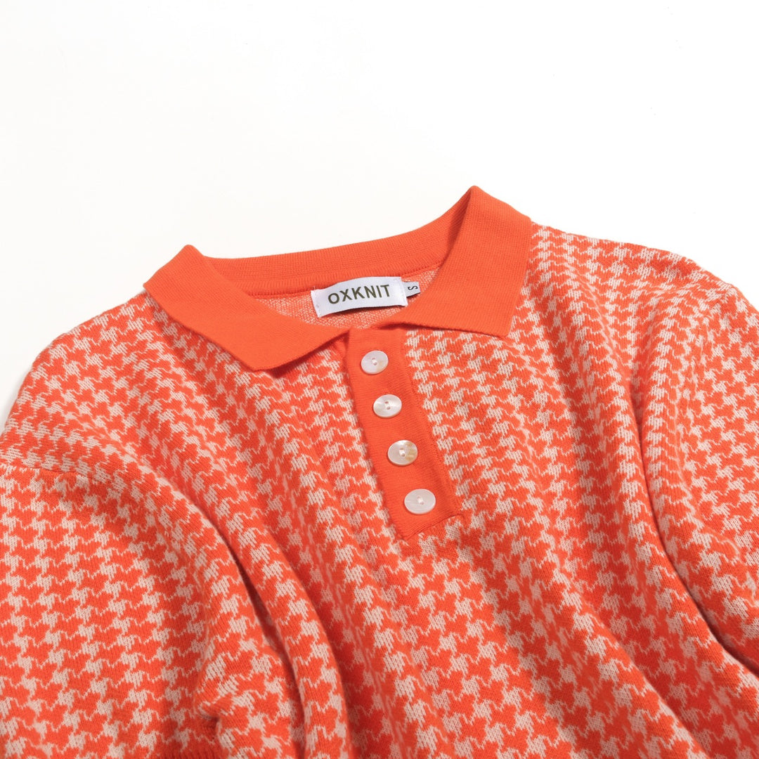 Polo de Malha Jacquard Clássico em Laranja com Padrão Pied-de-Poule para Homem