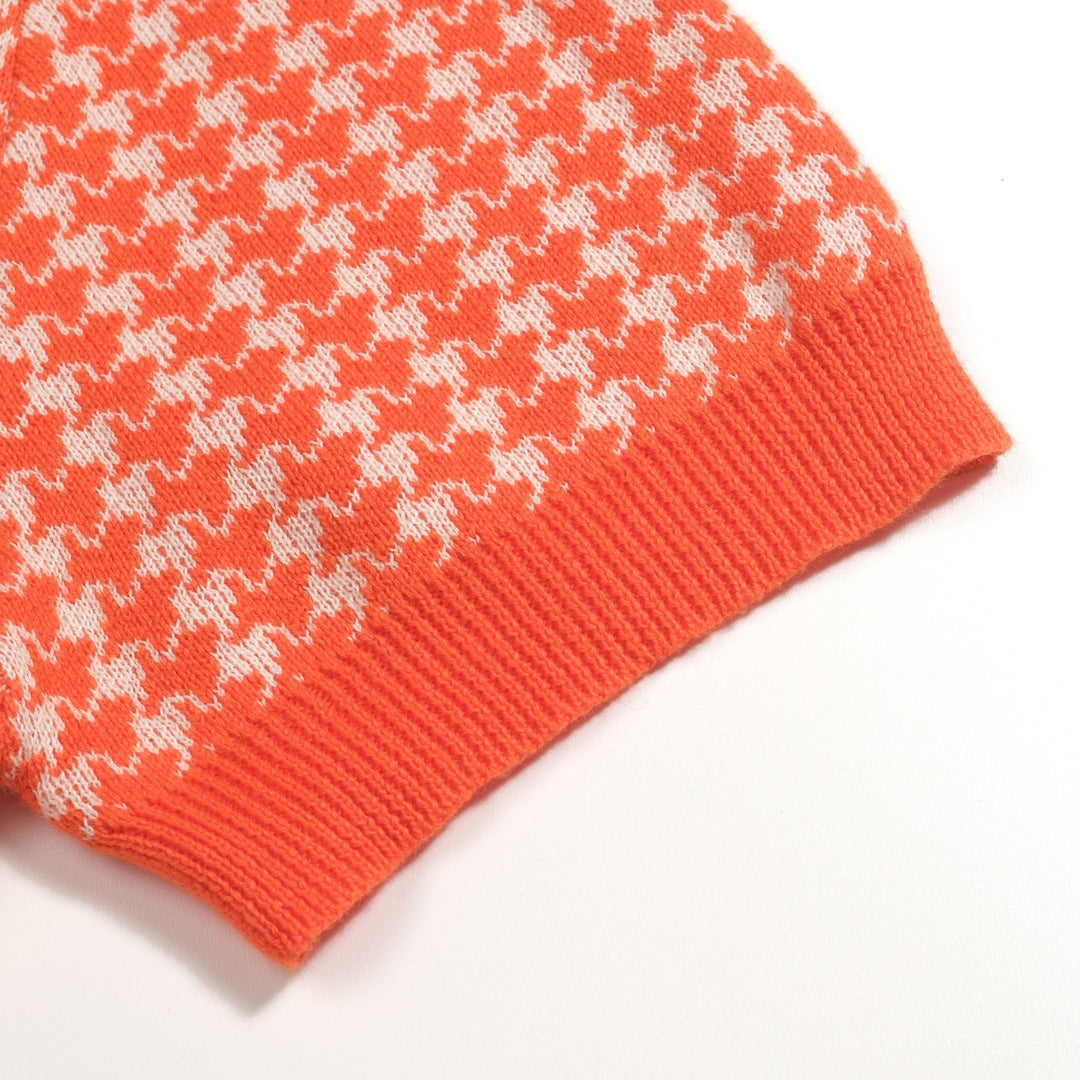 Polo de Malha Jacquard Clássico em Laranja com Padrão Pied-de-Poule para Homem