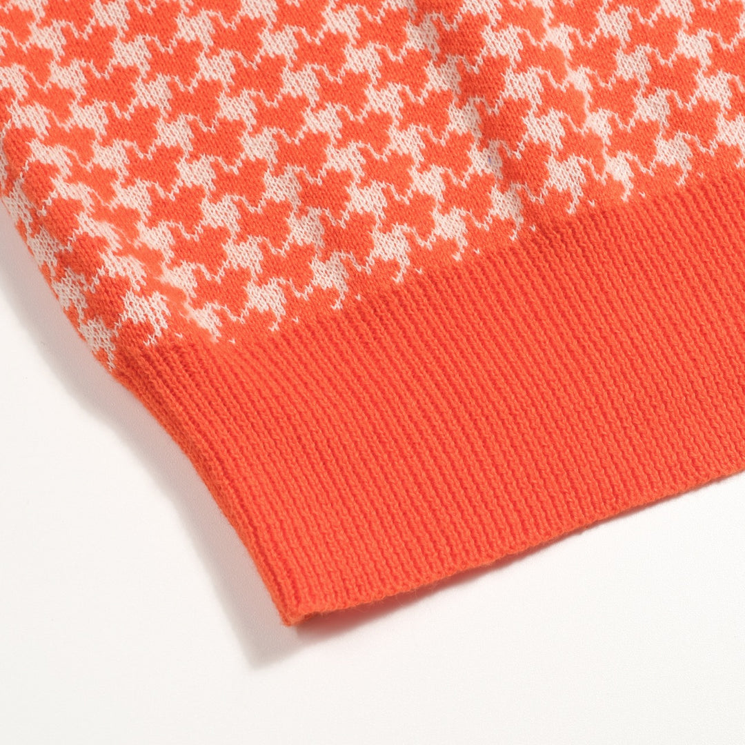 Polo de Malha Jacquard Clássico em Laranja com Padrão Pied-de-Poule para Homem