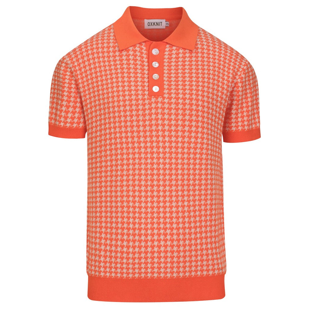 Polo de Malha Jacquard Clássico em Laranja com Padrão Pied-de-Poule para Homem