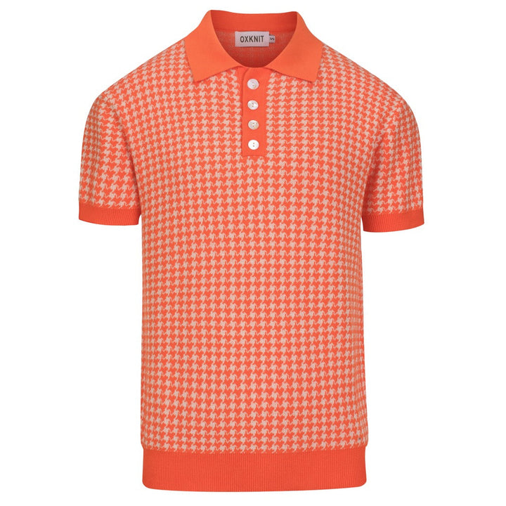 Polo de Malha Jacquard Clássico em Laranja com Padrão Pied-de-Poule para Homem