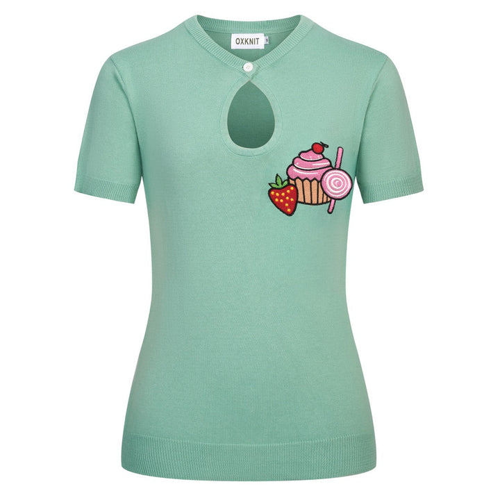 Women's Mint Green Vintage Dessert Embroidery Knit T-Shirt