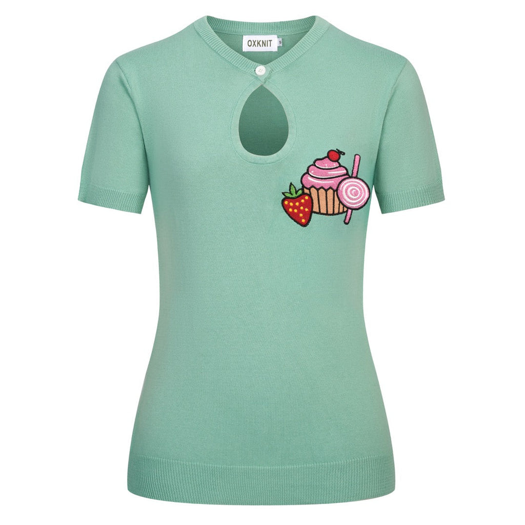 Women's Mint Green Vintage Dessert Embroidery Knit T-Shirt – OXKnit