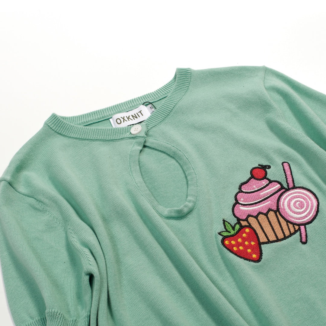 Women's Mint Green Vintage Dessert Embroidery Knit T-Shirt