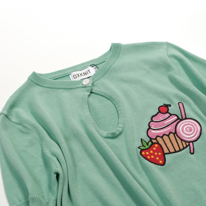 Women's Mint Green Vintage Dessert Embroidery Knit T-Shirt
