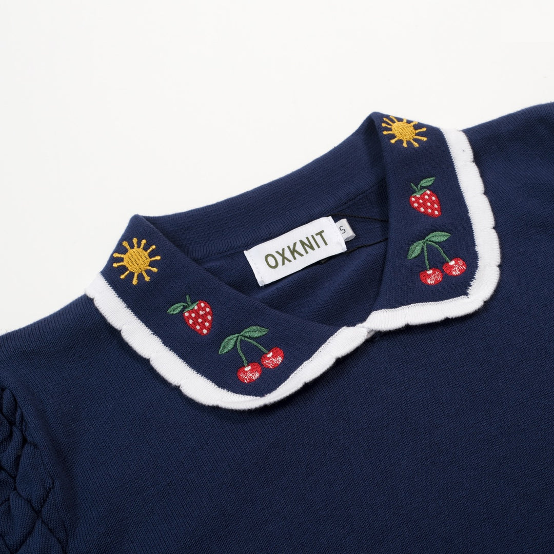 Dames marineblauwe vintage geborduurde polo gebreide T-shirt met bloemenmotief