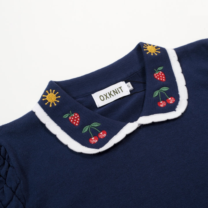 Dames marineblauwe vintage geborduurde polo gebreide T-shirt met bloemenmotief