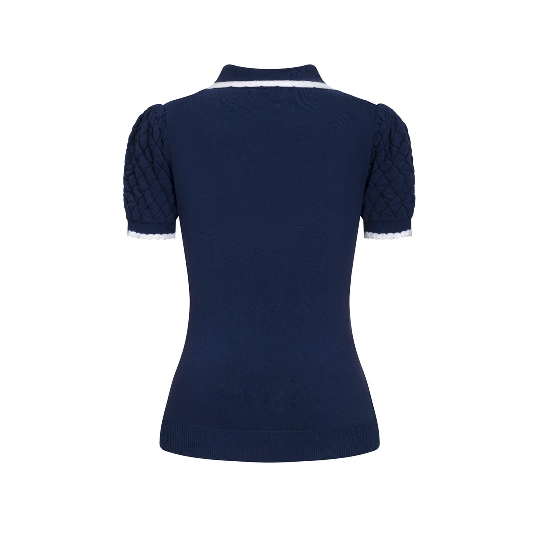 Dames marineblauwe vintage geborduurde polo gebreide T-shirt met bloemenmotief