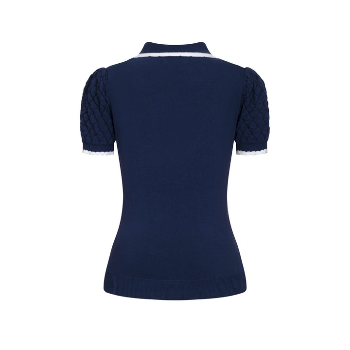 Dames marineblauwe vintage geborduurde polo gebreide T-shirt met bloemenmotief
