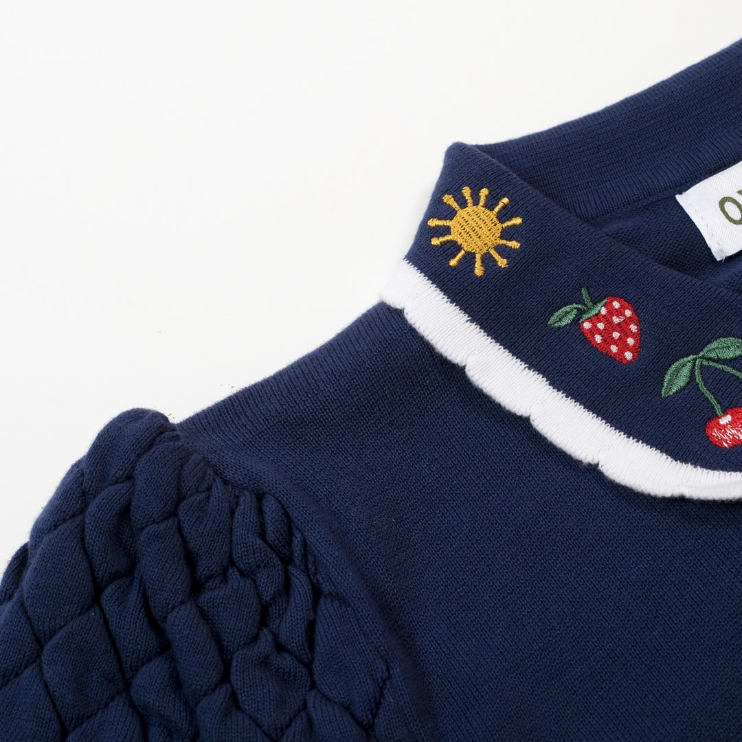 Dames marineblauwe vintage geborduurde polo gebreide T-shirt met bloemenmotief