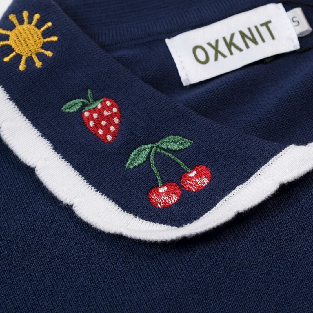 Dames marineblauwe vintage geborduurde polo gebreide T-shirt met bloemenmotief