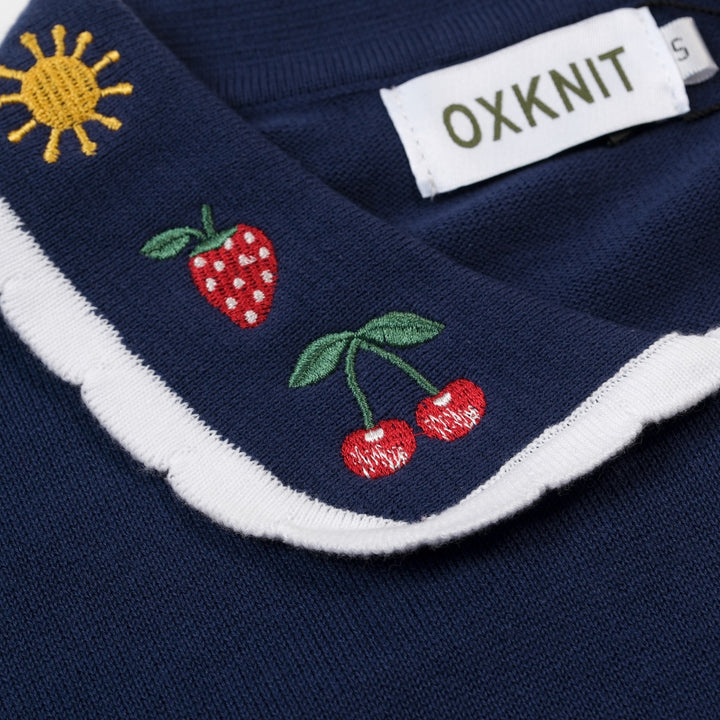 Dames marineblauwe vintage geborduurde polo gebreide T-shirt met bloemenmotief