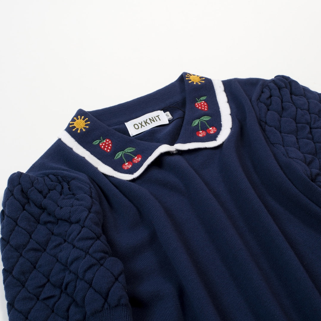 Dames marineblauwe vintage geborduurde polo gebreide T-shirt met bloemenmotief