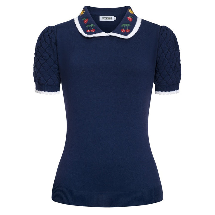 Dames marineblauwe vintage geborduurde polo gebreide T-shirt met bloemenmotief