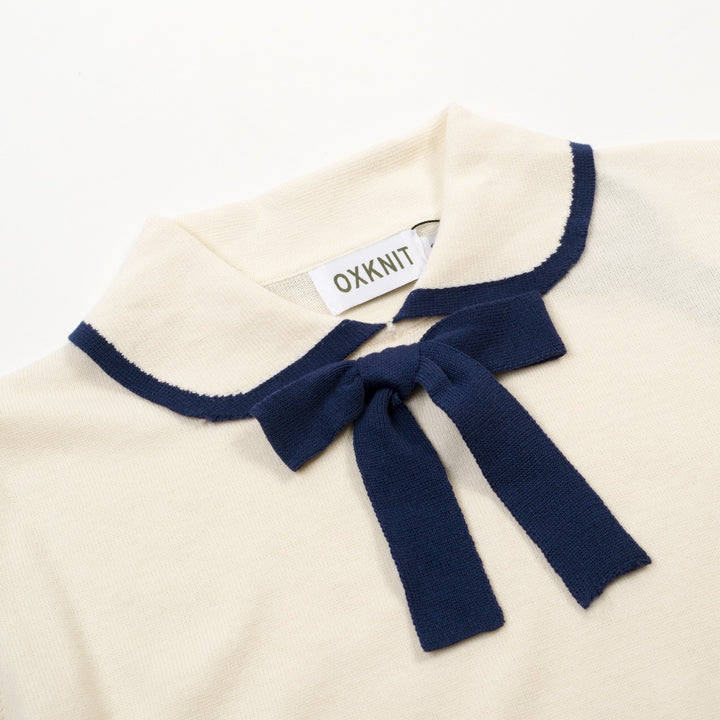 Maglia Polo Knit Jacquard Rétro Minimalista Albicocca Bianco Donna